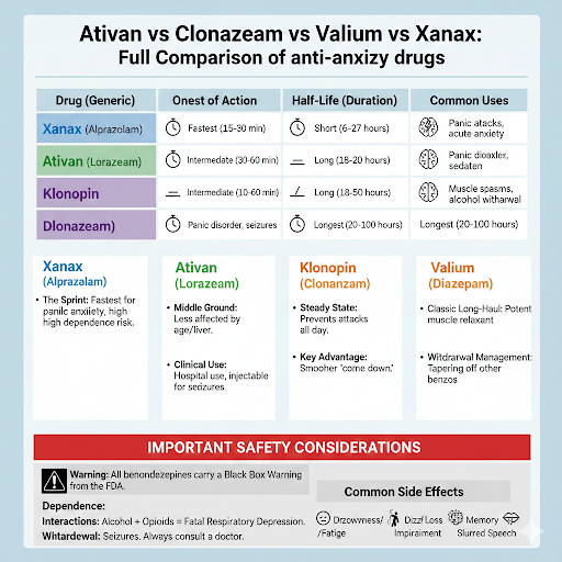 Ativan vs Clonazepam vs Valium vs Xanax: Full Comparison of anti-anxiety drugs